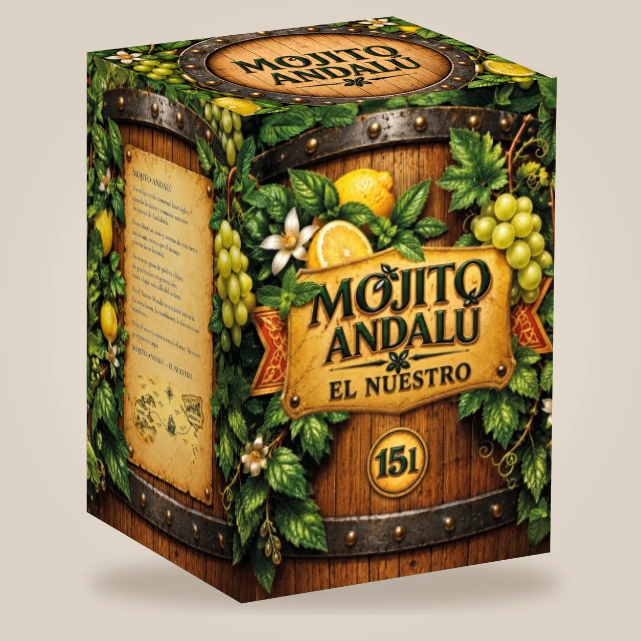 Caja montada de Mojito Andalú en perspectiva, con frente, lateral y tapa