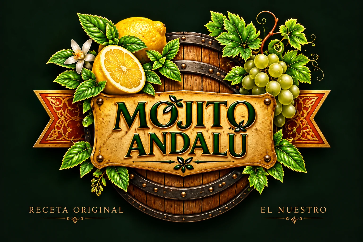Mojito Andalú, emblema con acabado verde y dorado, barril, limones, uvas y hierbabuena